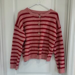 DONATING SOON! Striped Pink and Red Button-Front Women's Sweater